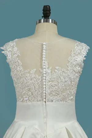 2024 A Line Satin Scoop Wedding Dresses With Applique Asymmetrical