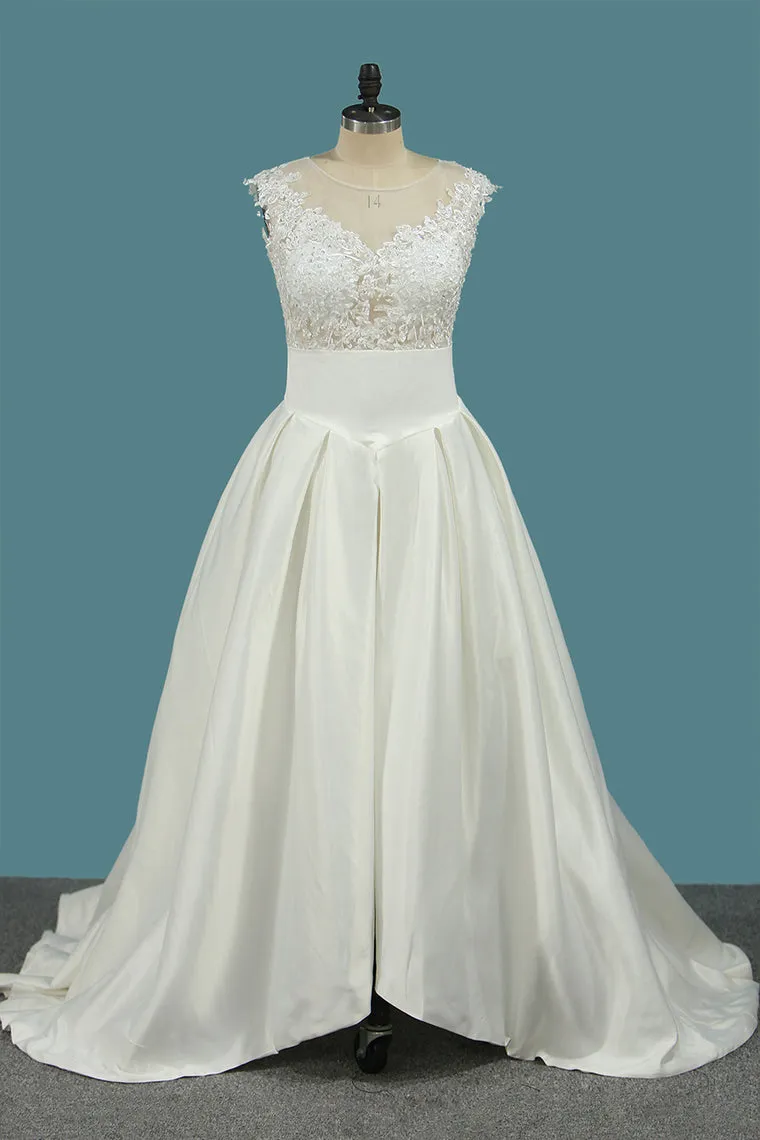 2024 A Line Satin Scoop Wedding Dresses With Applique Asymmetrical