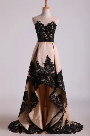 2024 Asymmetrical Bateau Prom Dresses Taffeta With Applique And Sash