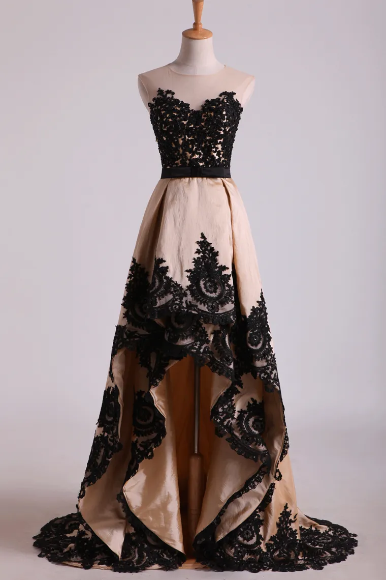 2024 Asymmetrical Bateau Prom Dresses Taffeta With Applique And Sash