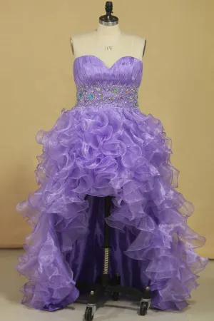 2024 Asymmetrical Prom Dresses Sweetheart Organza With Beads And Ruffles A Line