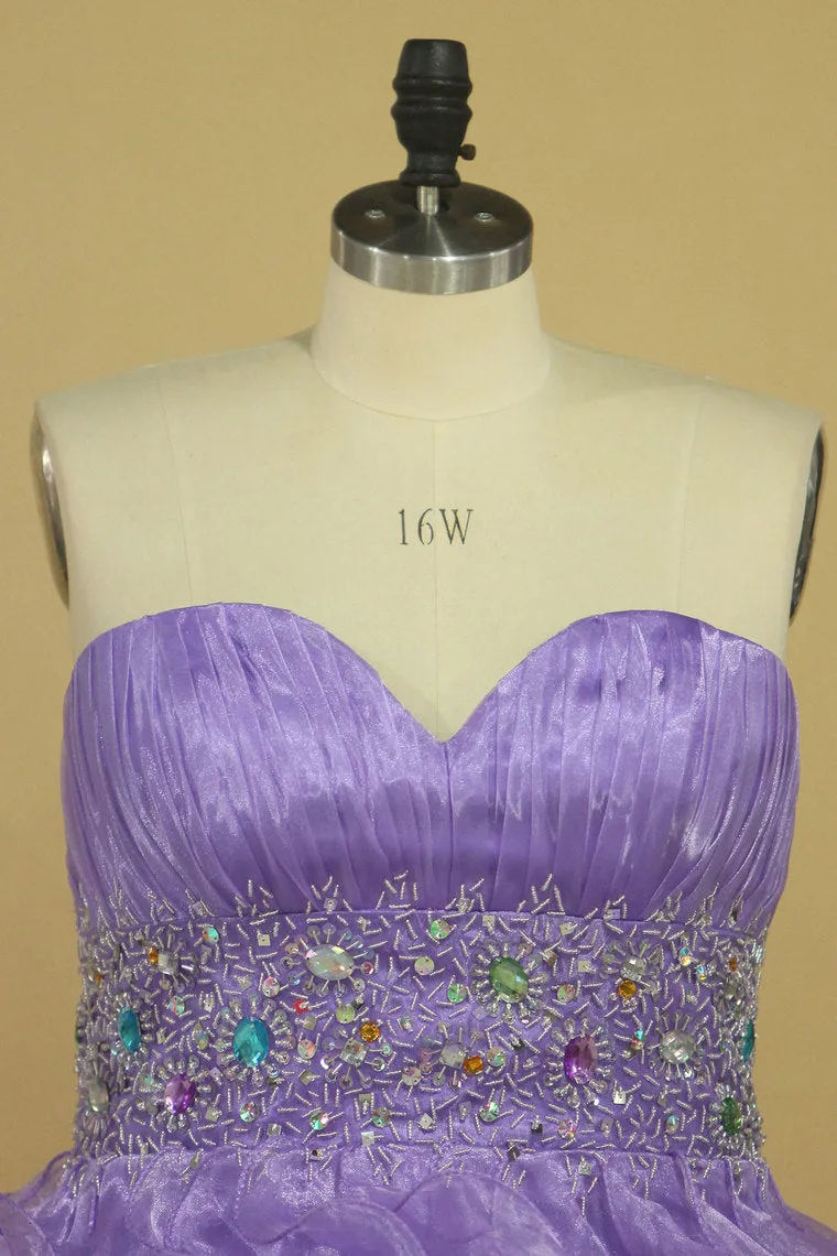 2024 Asymmetrical Prom Dresses Sweetheart Organza With Beads And Ruffles A Line