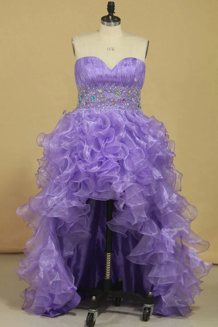 2024 Asymmetrical Prom Dresses Sweetheart Organza With Beads And Ruffles A Line