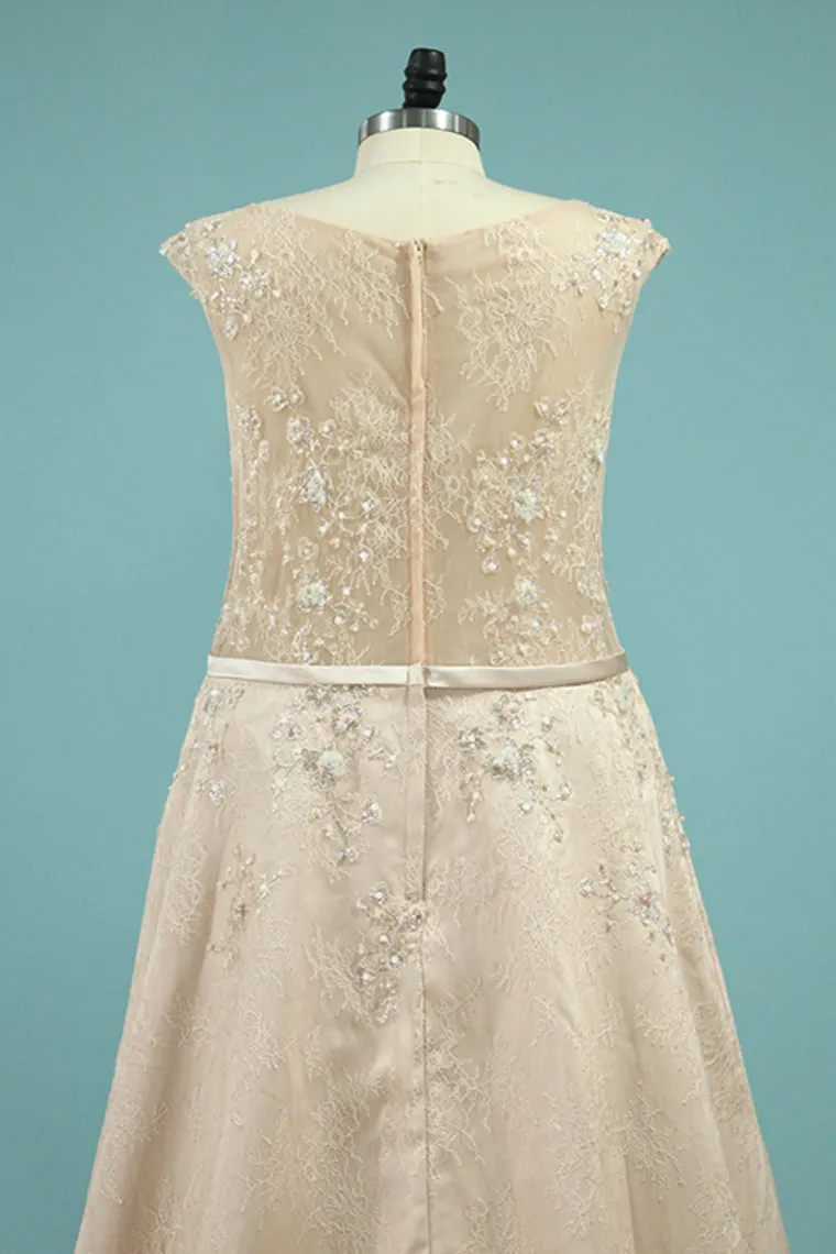2024 Asymmetrical Scoop Prom Dresses A Line Lace With Beads And Sash