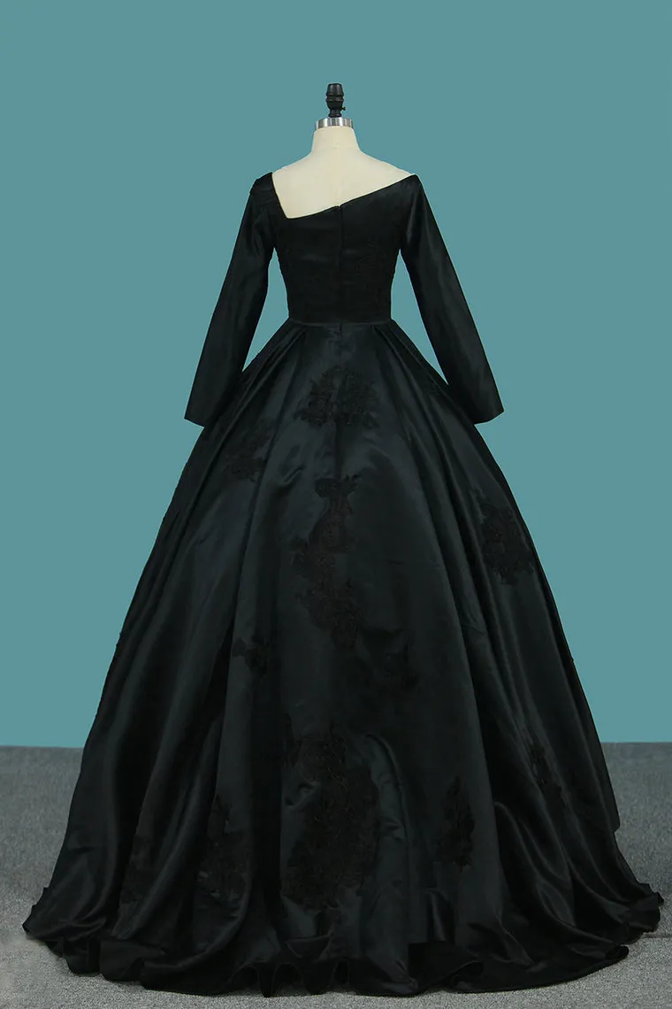 2024 Long Sleeves Satin A Line Prom Dresses With Applique Asymmetrical