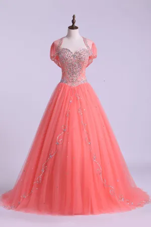 2024 Sweetheart Quinceanera Dresses A Line Beaded Tulle Floor Length
