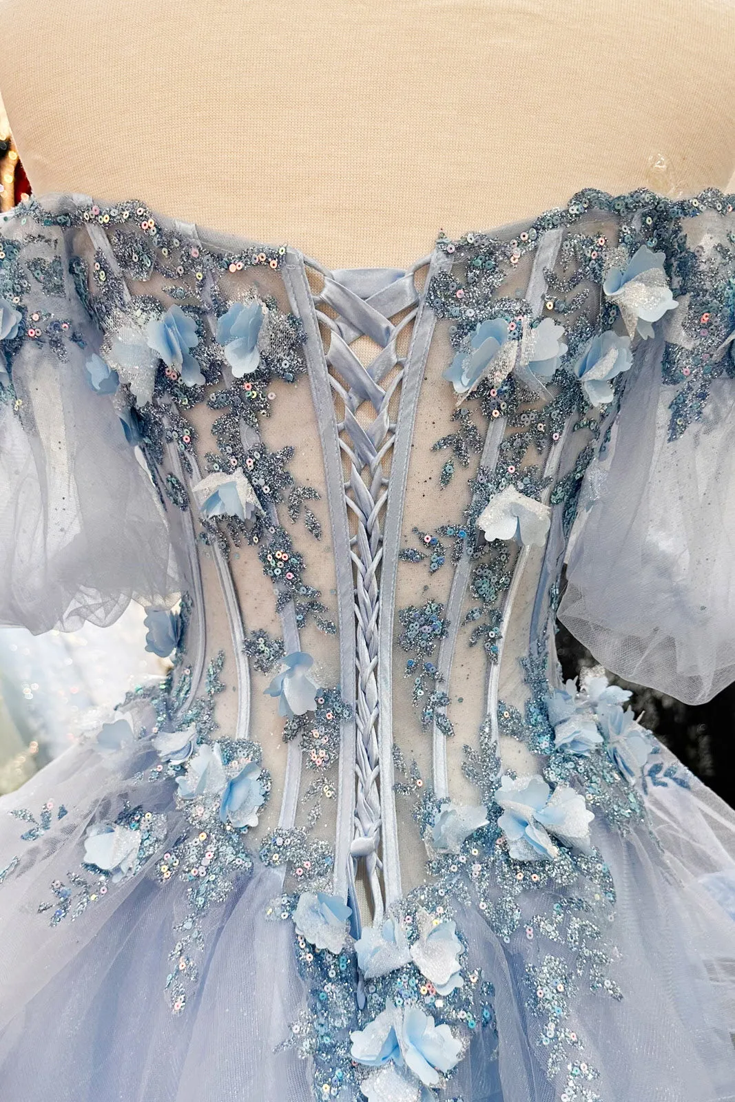 3D Flower Applique Sheer Bodice w/ Ruffle Skirt Off Shoulder Long Quinceanera Dress GLGL3180