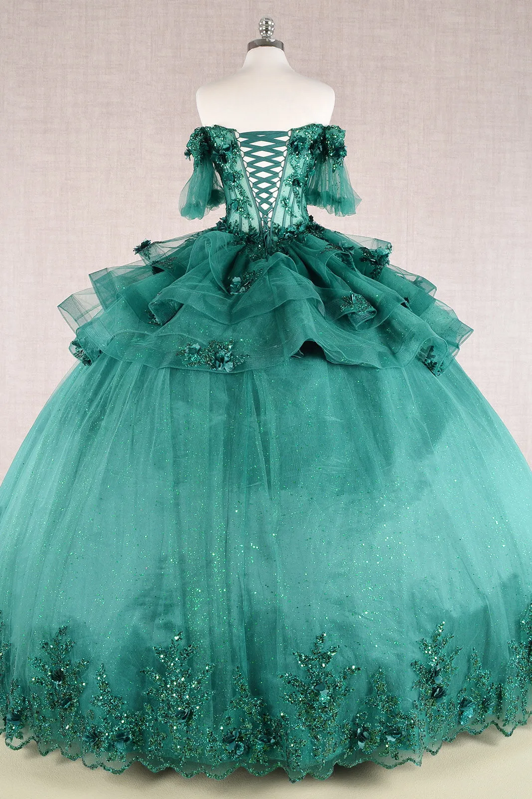 3D Flower Applique Sheer Bodice w/ Ruffle Skirt Off Shoulder Long Quinceanera Dress GLGL3180