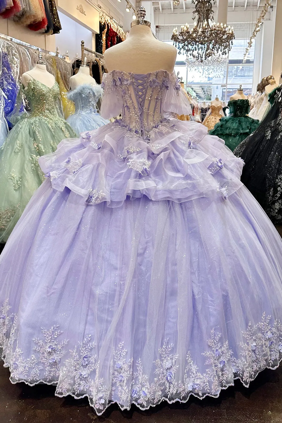 3D Flower Applique Sheer Bodice w/ Ruffle Skirt Off Shoulder Long Quinceanera Dress GLGL3180