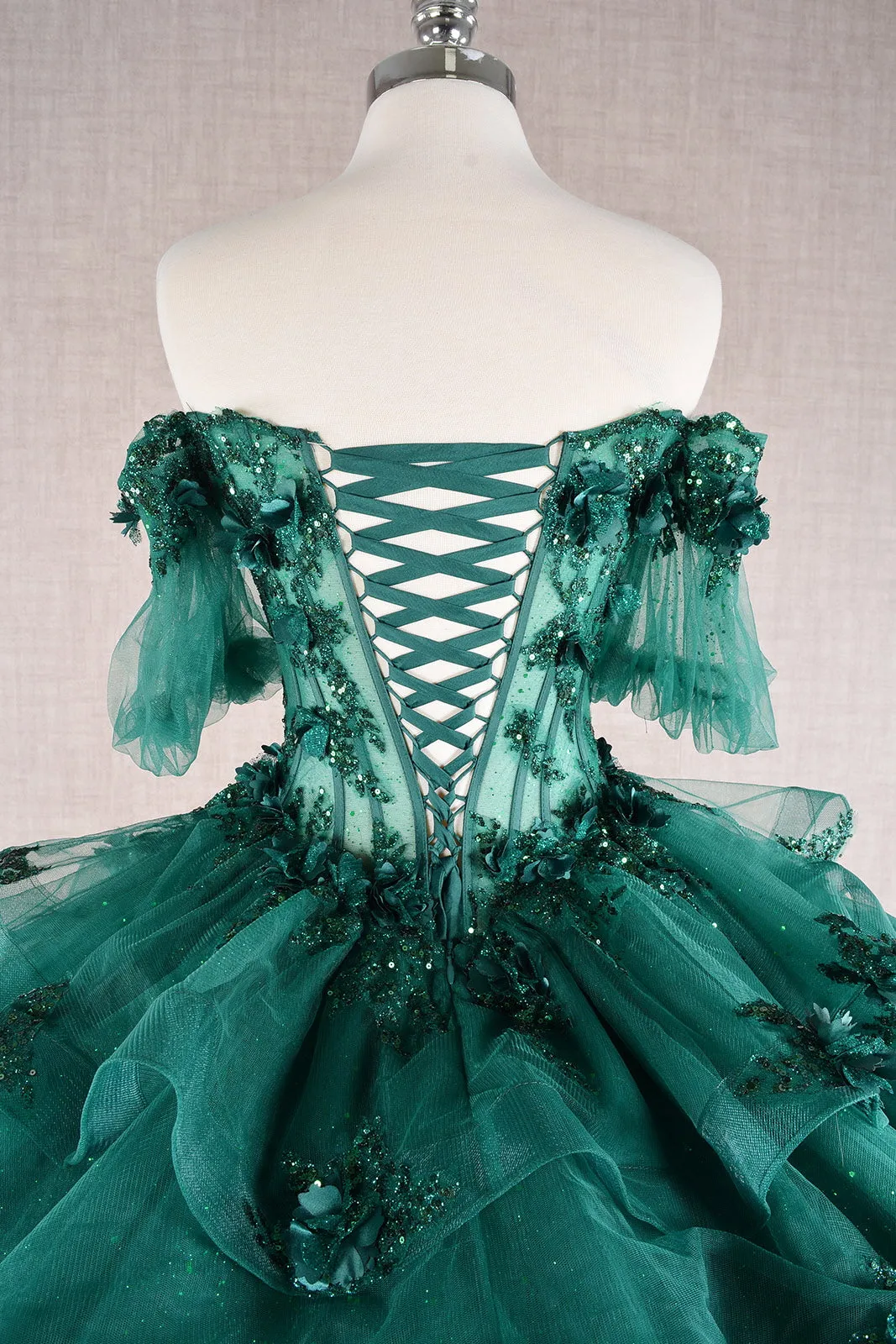 3D Flower Applique Sheer Bodice w/ Ruffle Skirt Off Shoulder Long Quinceanera Dress GLGL3180