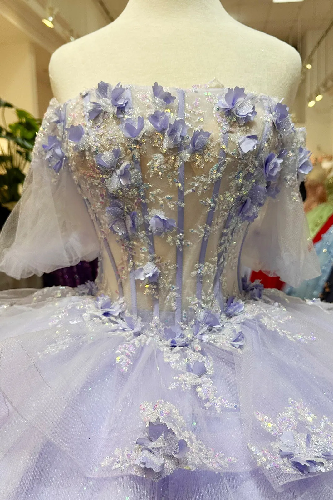 3D Flower Applique Sheer Bodice w/ Ruffle Skirt Off Shoulder Long Quinceanera Dress GLGL3180
