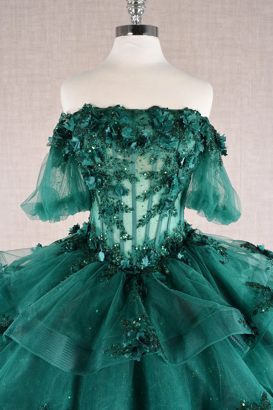3D Flower Applique Sheer Bodice w/ Ruffle Skirt Off Shoulder Long Quinceanera Dress GLGL3180