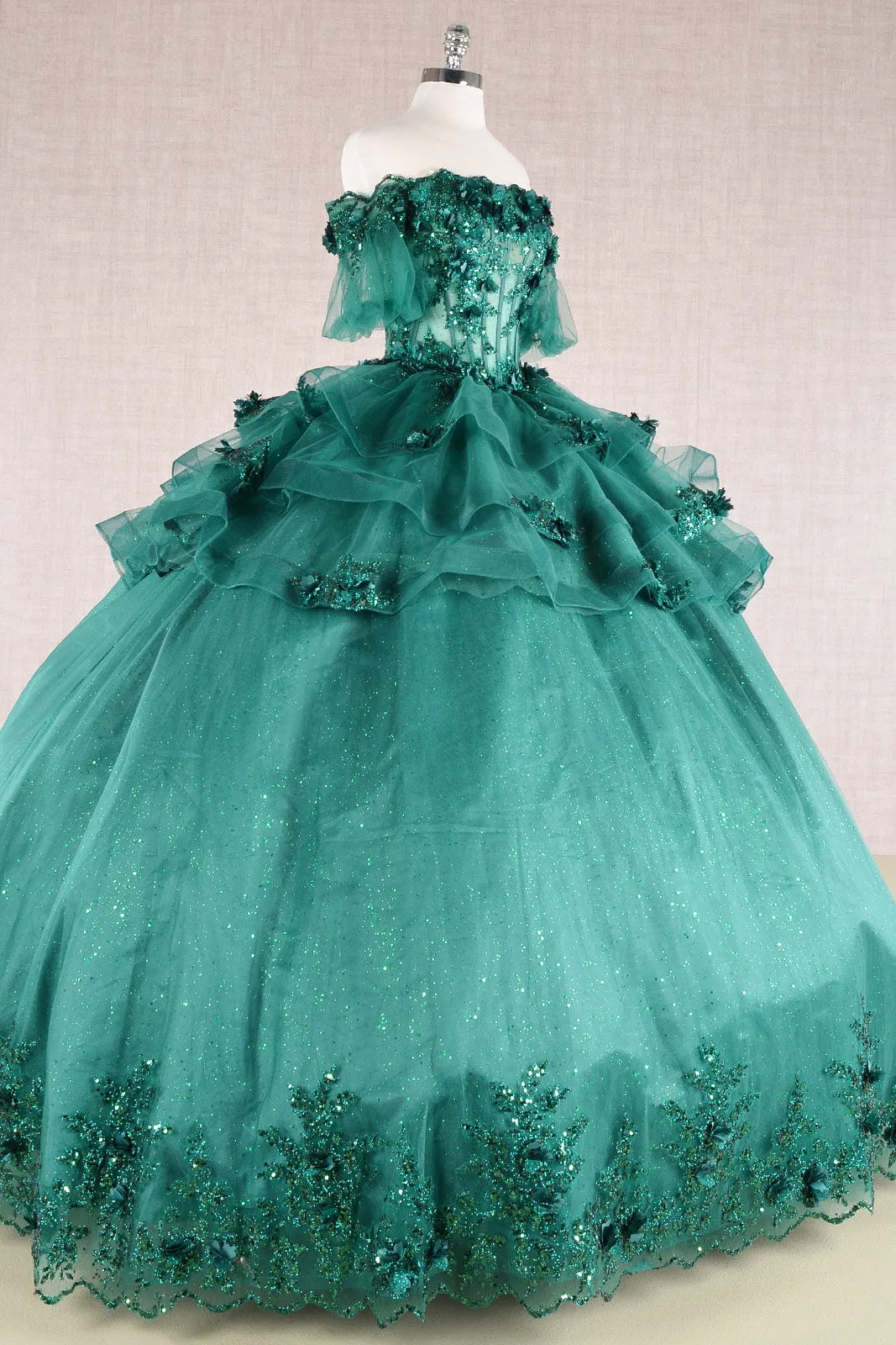 3D Flower Applique Sheer Bodice w/ Ruffle Skirt Off Shoulder Long Quinceanera Dress GLGL3180