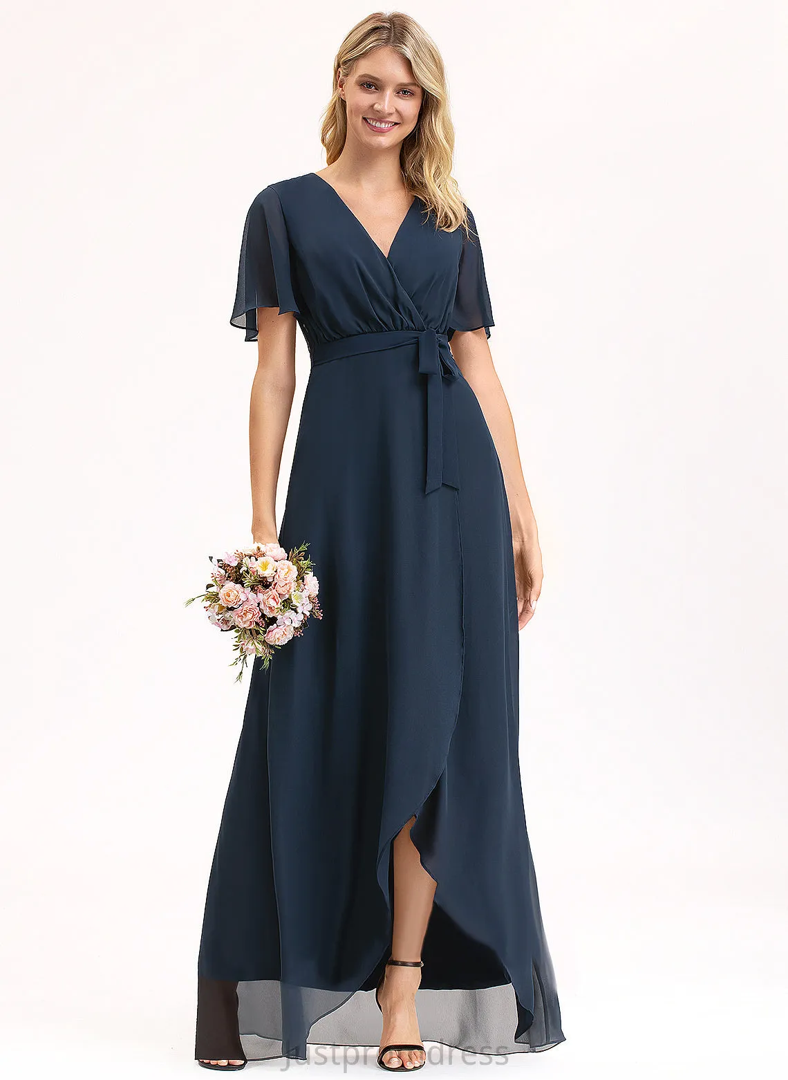 A-Line Embellishment Fabric Neckline Bow(s) Asymmetrical V-neck Silhouette Pleated Length Marilyn V-Neck Bridesmaid Dresses
