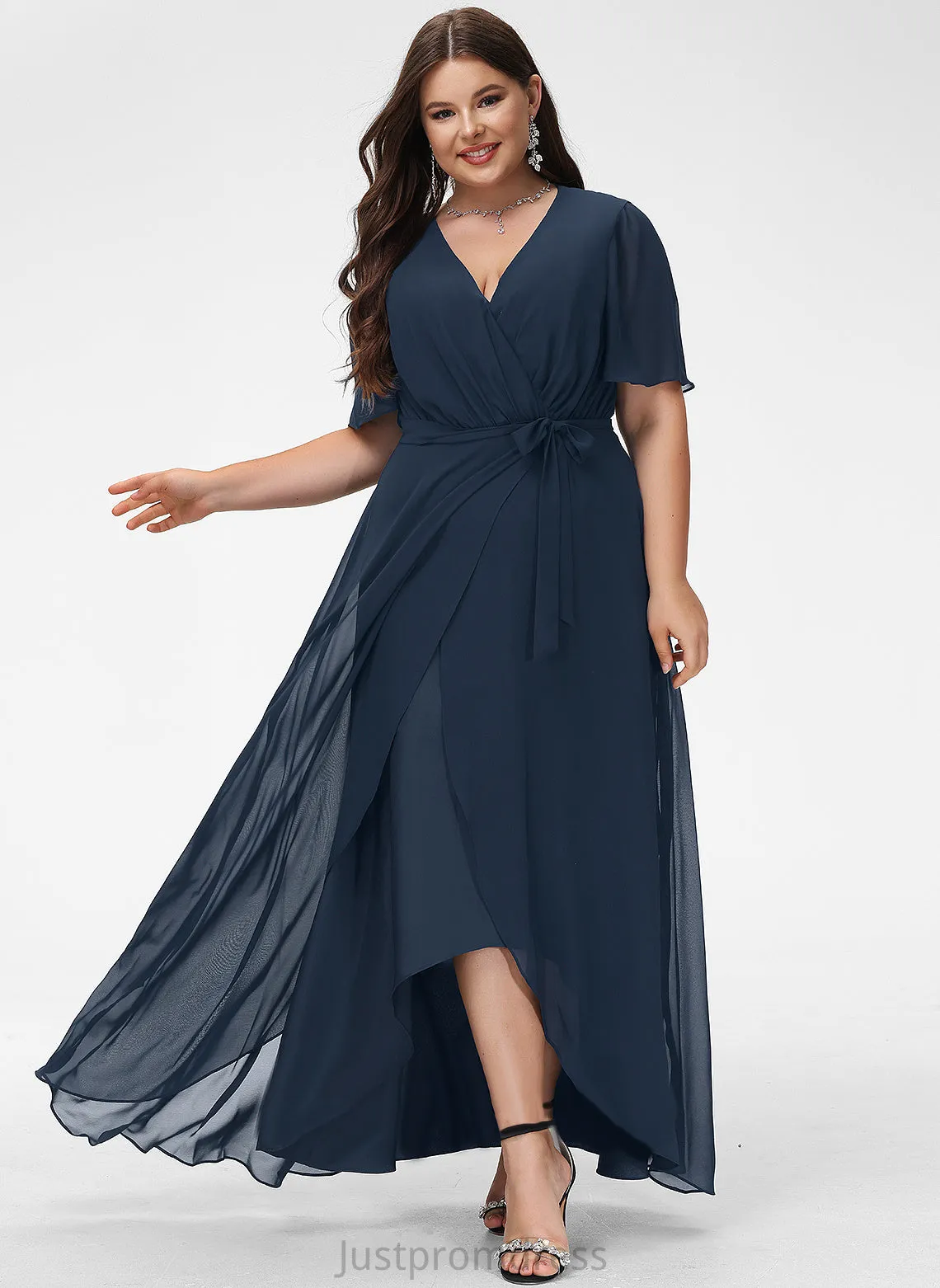 A-Line Embellishment Fabric Neckline Bow(s) Asymmetrical V-neck Silhouette Pleated Length Marilyn V-Neck Bridesmaid Dresses
