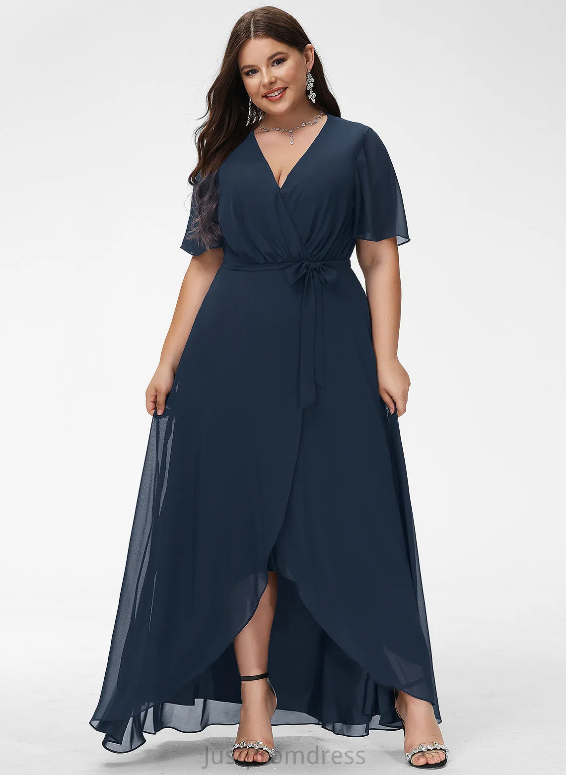 A-Line Embellishment Fabric Neckline Bow(s) Asymmetrical V-neck Silhouette Pleated Length Marilyn V-Neck Bridesmaid Dresses