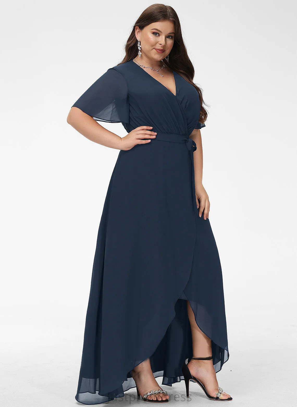 A-Line Embellishment Fabric Neckline Bow(s) Asymmetrical V-neck Silhouette Pleated Length Marilyn V-Neck Bridesmaid Dresses
