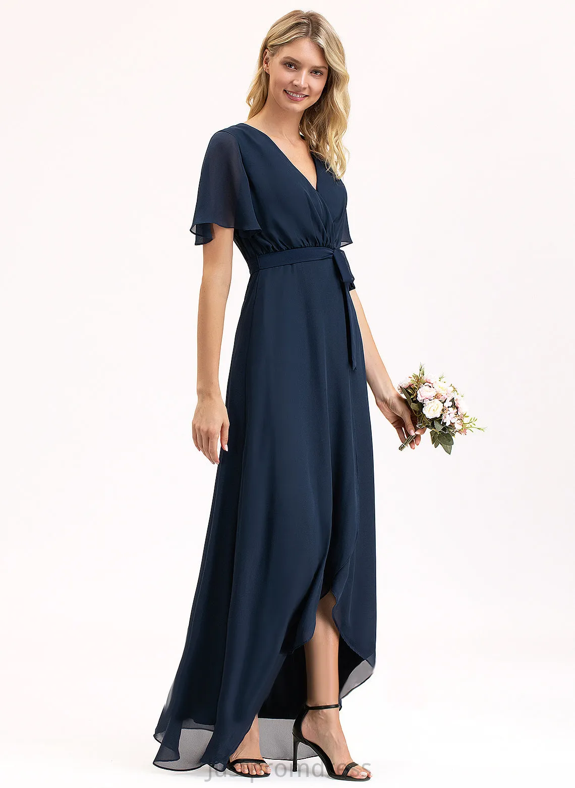A-Line Embellishment Fabric Neckline Bow(s) Asymmetrical V-neck Silhouette Pleated Length Marilyn V-Neck Bridesmaid Dresses