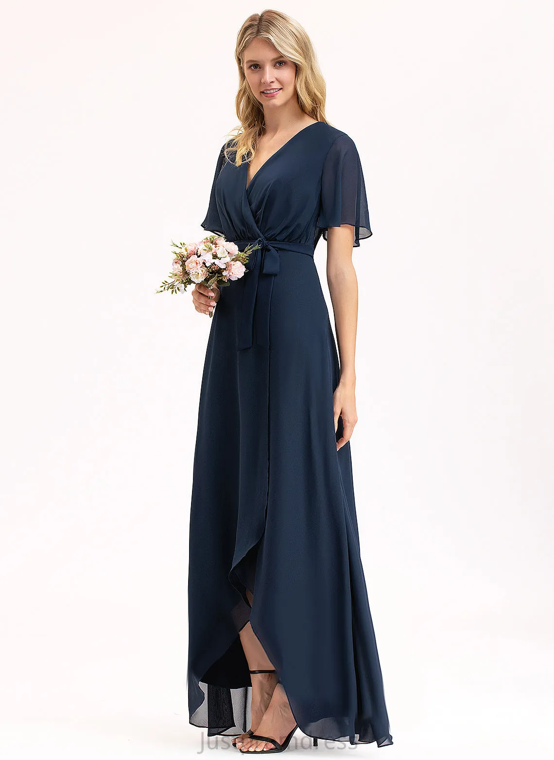 A-Line Embellishment Fabric Neckline Bow(s) Asymmetrical V-neck Silhouette Pleated Length Marilyn V-Neck Bridesmaid Dresses