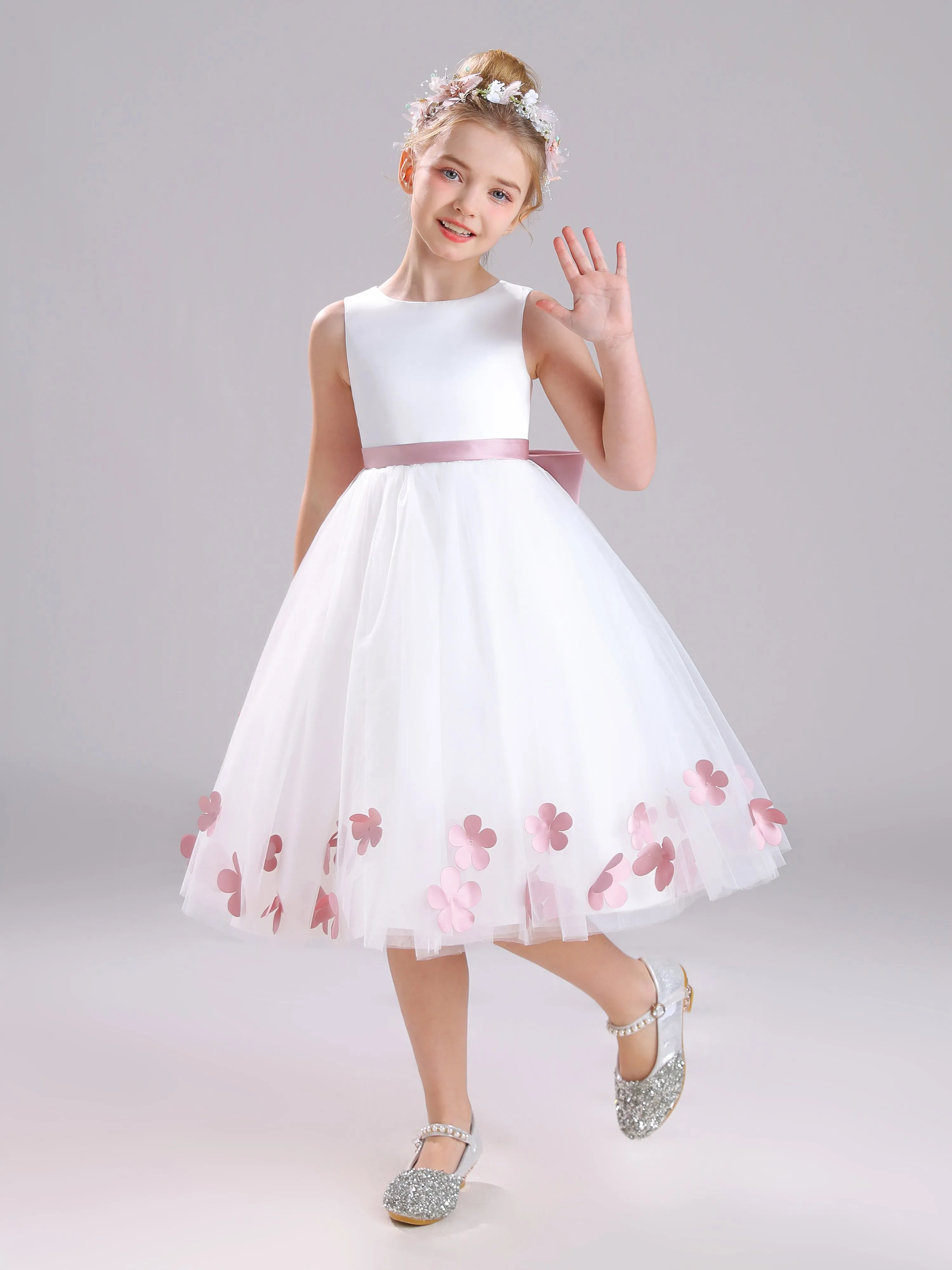 A-Line Round Neck Sleeveless Tea Length Satin Flower Girl Dress With Bowknot