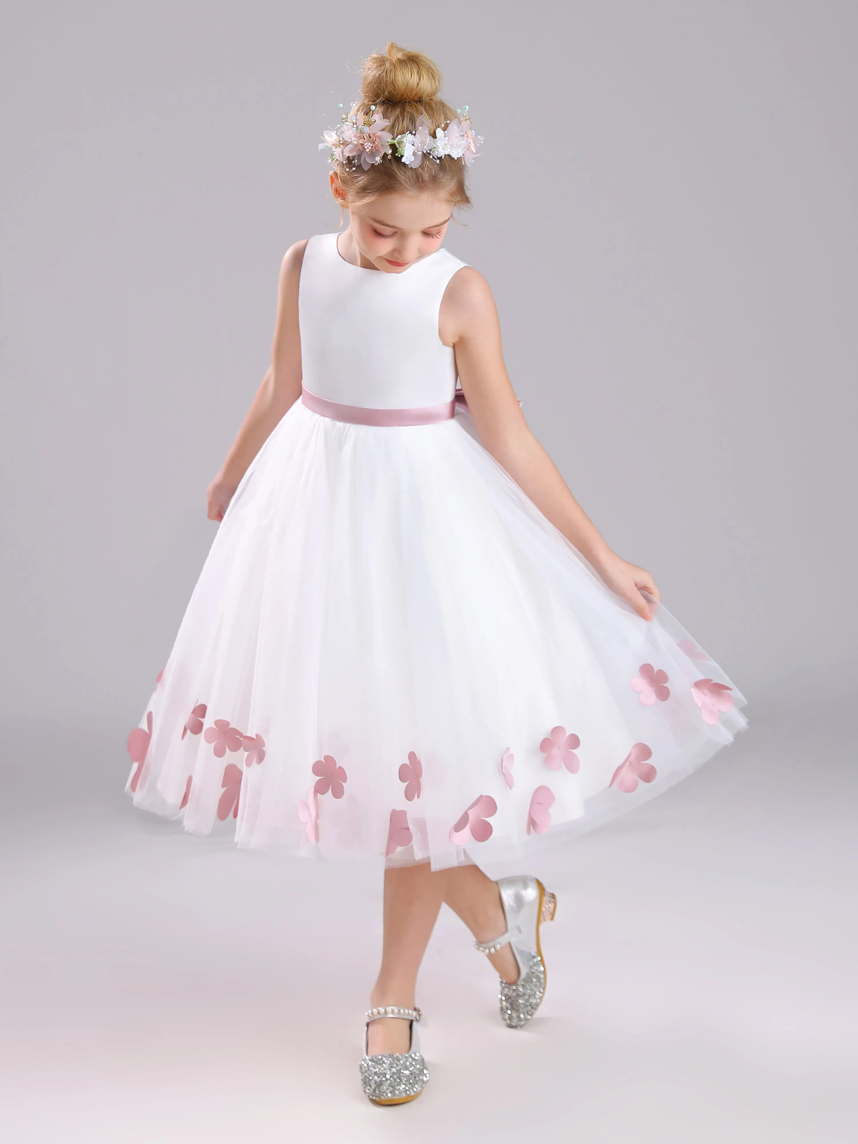 A-Line Round Neck Sleeveless Tea Length Satin Flower Girl Dress With Bowknot