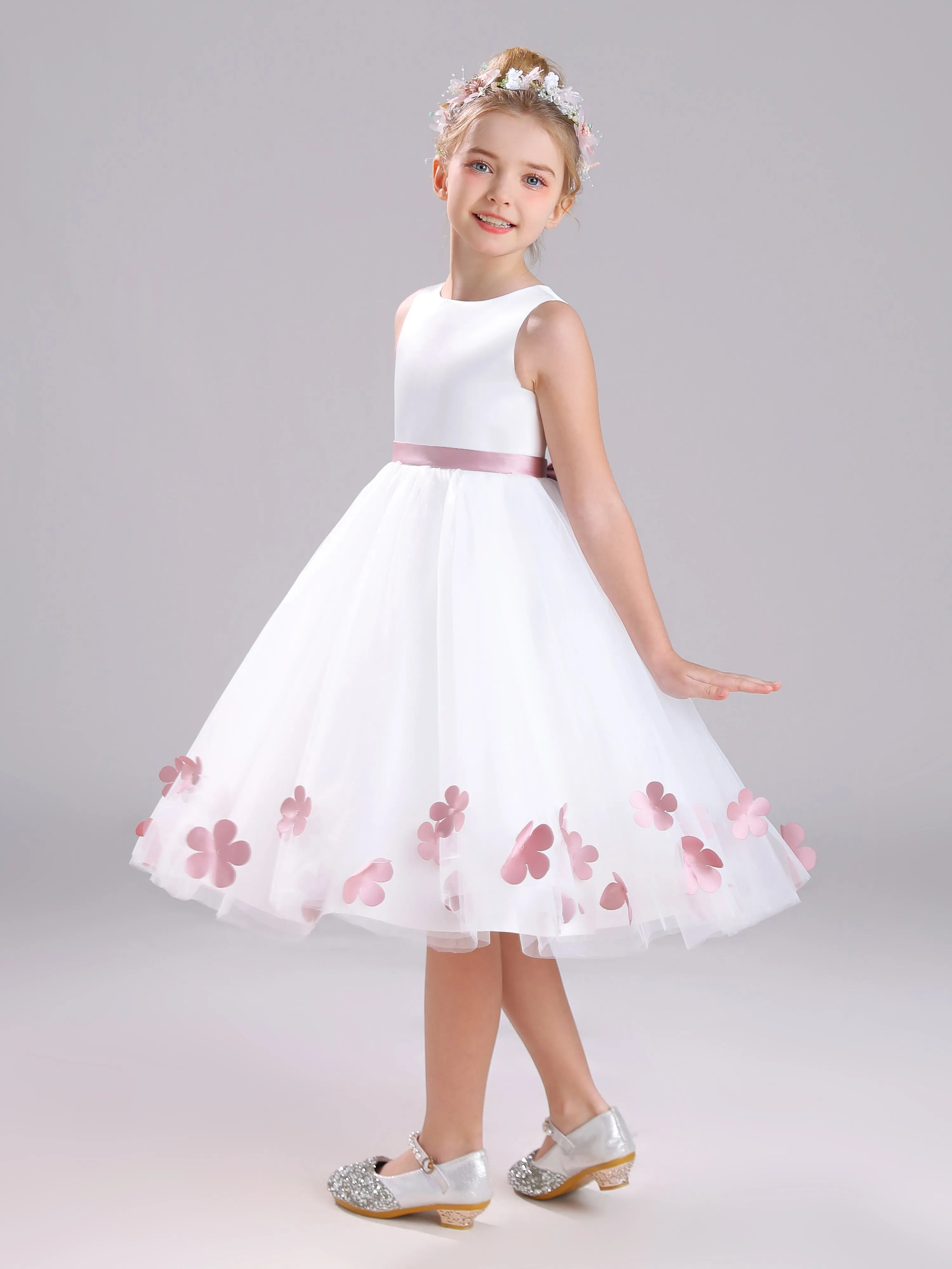 A-Line Round Neck Sleeveless Tea Length Satin Flower Girl Dress With Bowknot