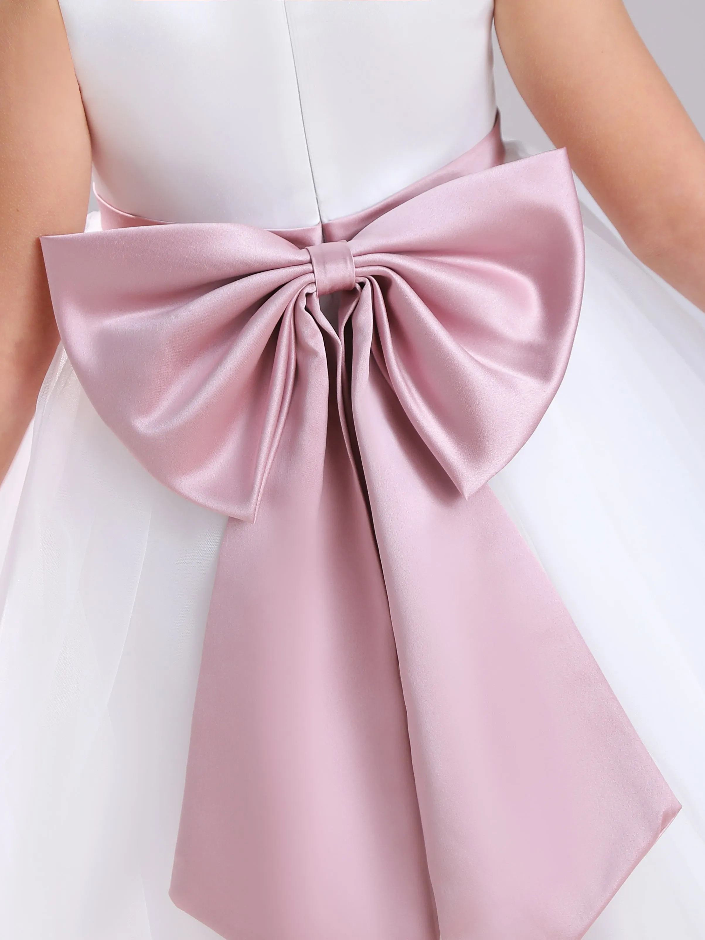 A-Line Round Neck Sleeveless Tea Length Satin Flower Girl Dress With Bowknot