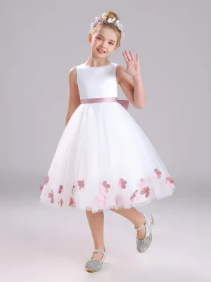 A-Line Round Neck Sleeveless Tea Length Satin Flower Girl Dress With Bowknot
