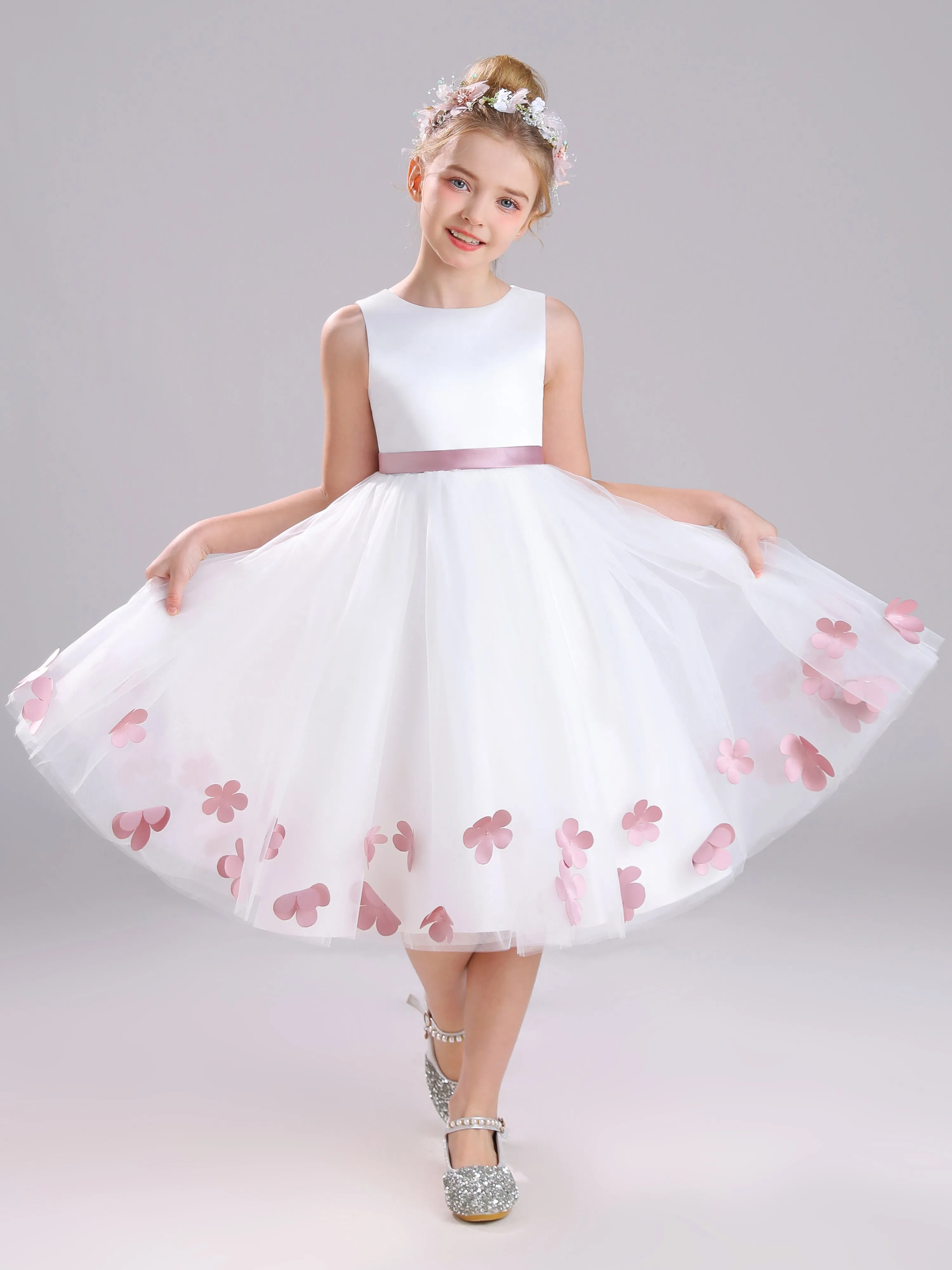 A-Line Round Neck Sleeveless Tea Length Satin Flower Girl Dress With Bowknot