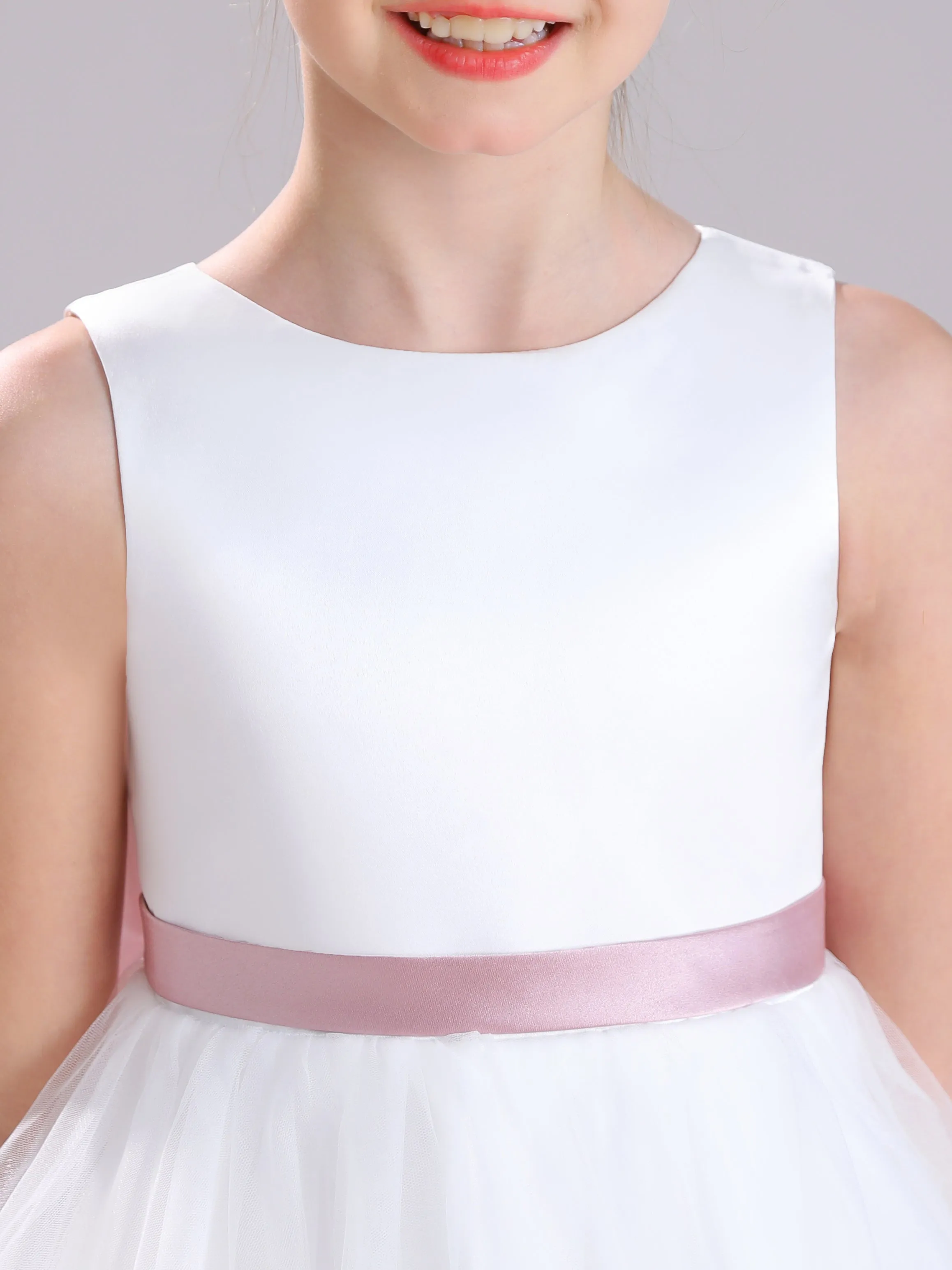 A-Line Round Neck Sleeveless Tea Length Satin Flower Girl Dress With Bowknot