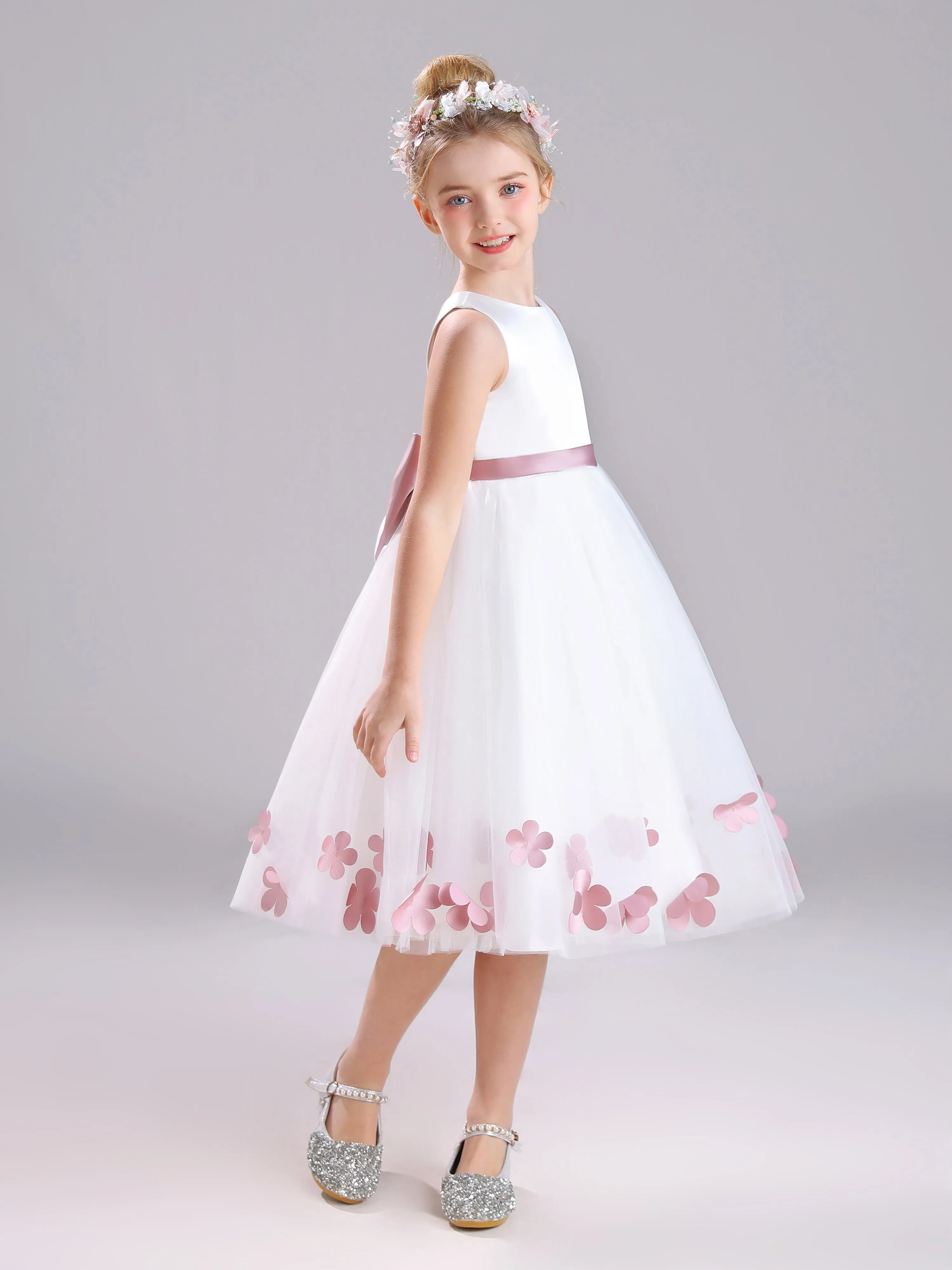 A-Line Round Neck Sleeveless Tea Length Satin Flower Girl Dress With Bowknot