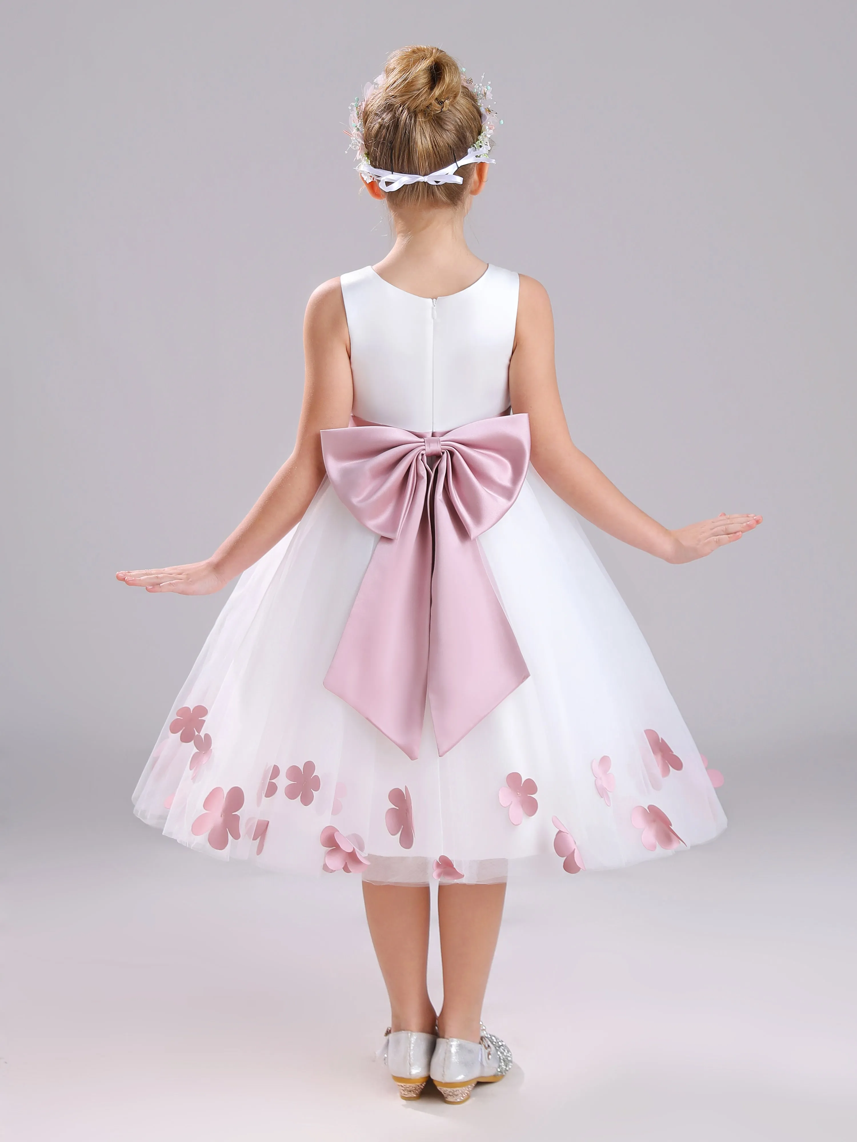 A-Line Round Neck Sleeveless Tea Length Satin Flower Girl Dress With Bowknot