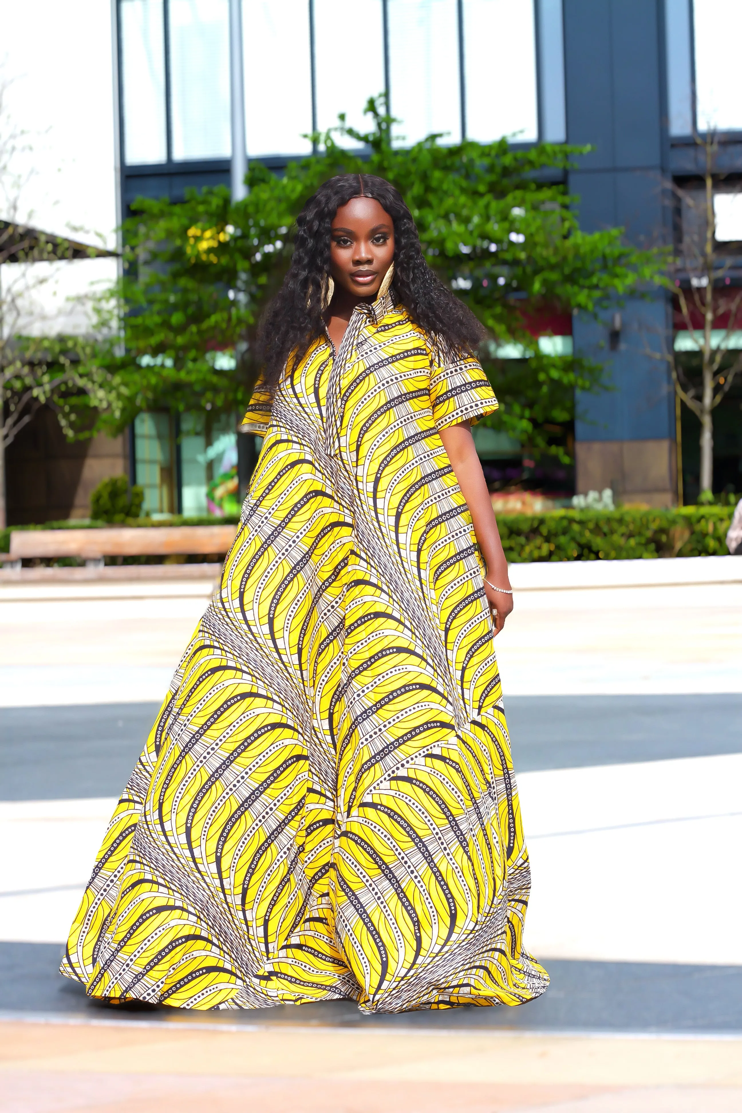 African Print Yellow Shirt Maxi Dress - Amirah