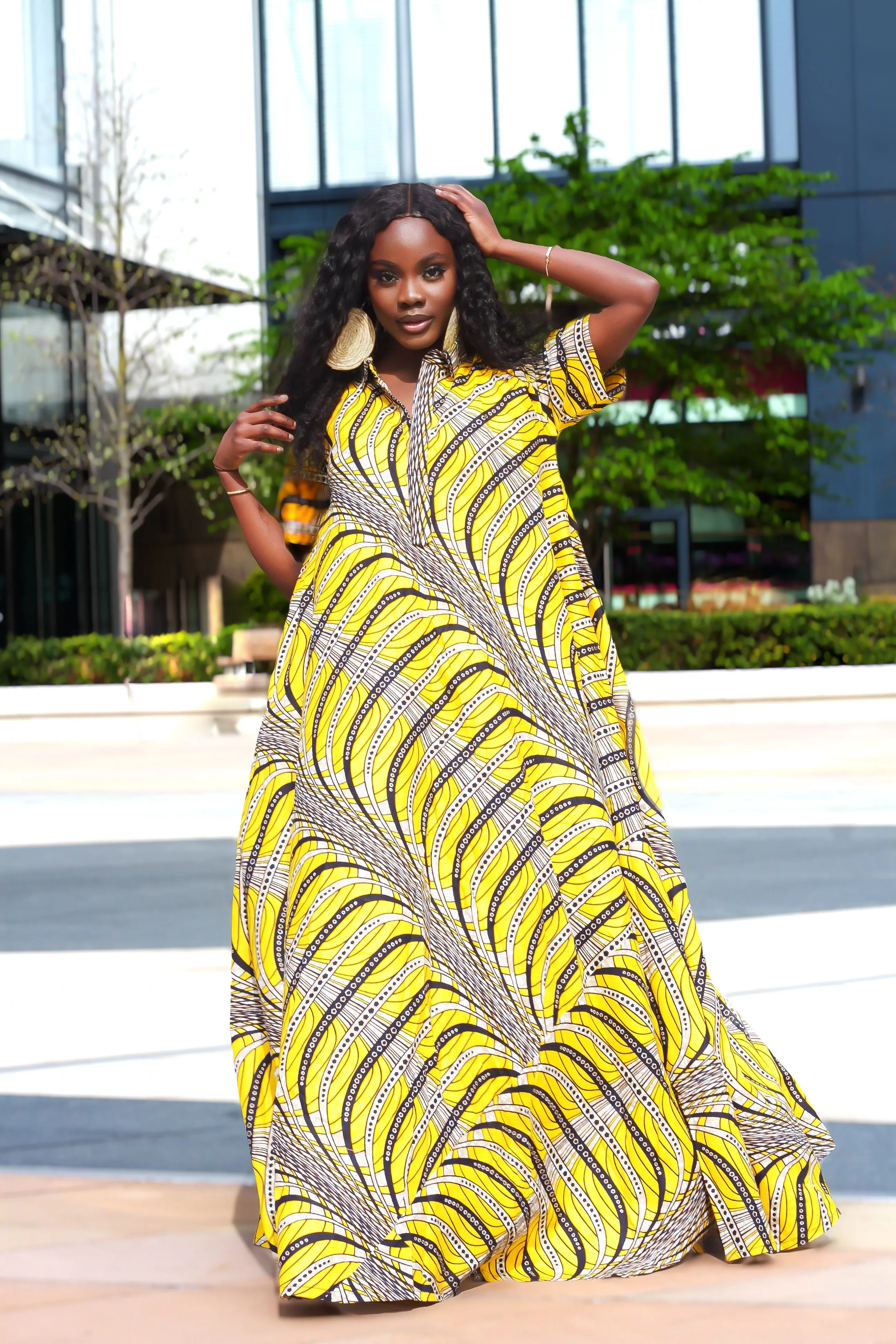 African Print Yellow Shirt Maxi Dress - Amirah