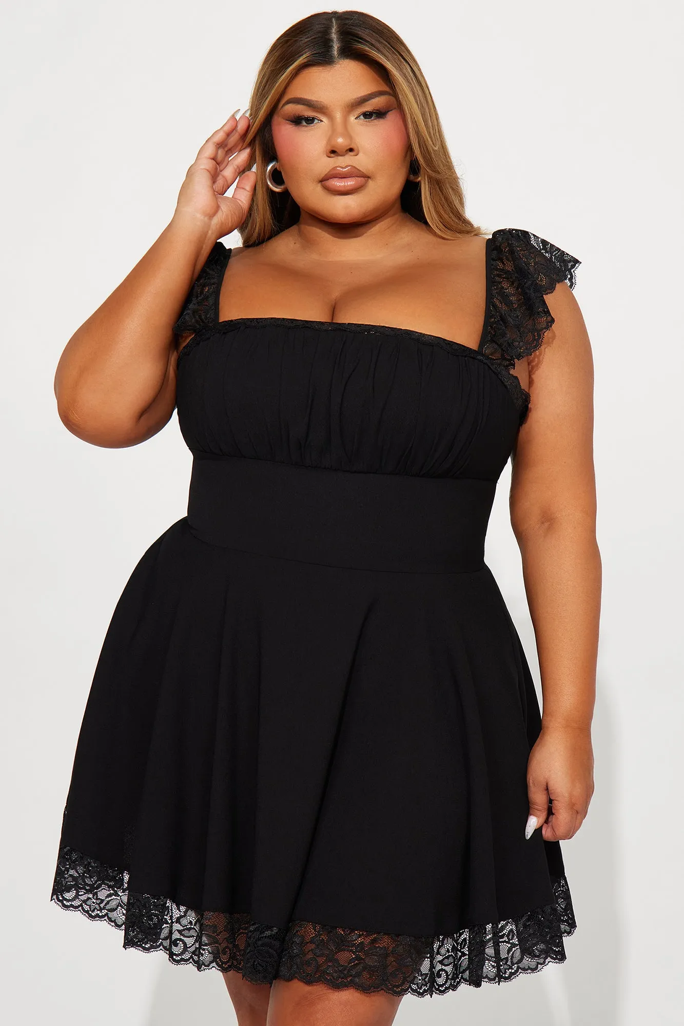 Alexandria Lace Trim Mini Dress - Black