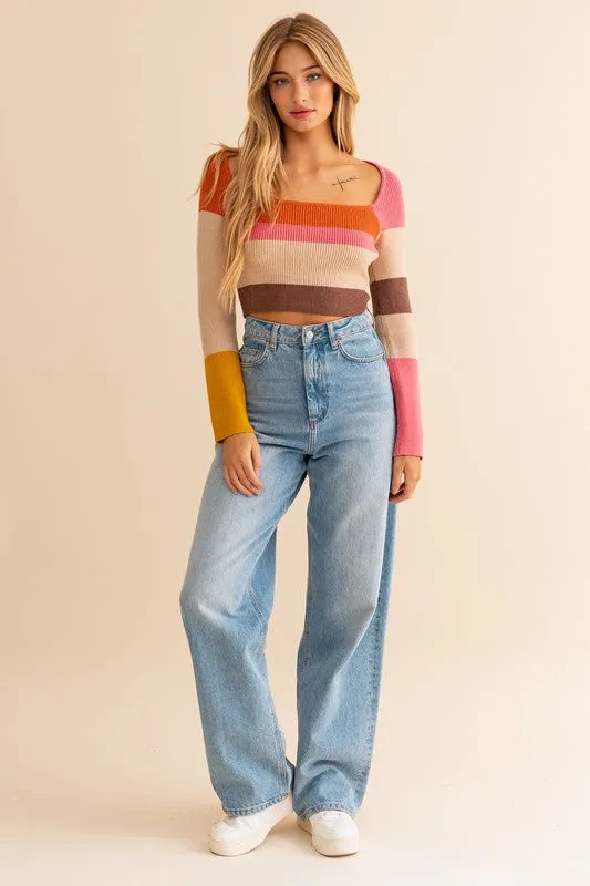 April Long Sleeve Color Block Stripe Knit Top