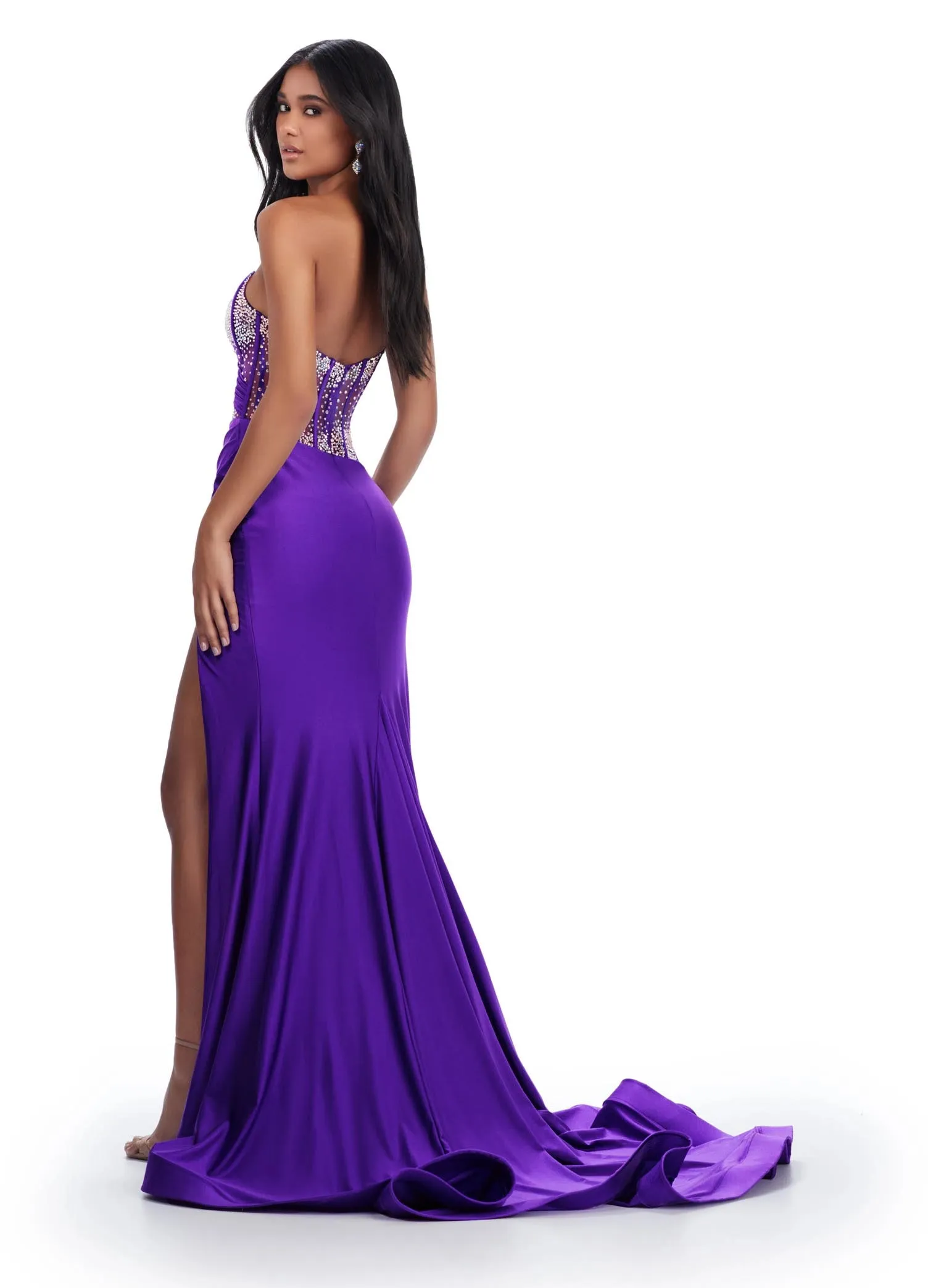 Ashley Lauren 11617 Long One Shoulder Sheer Crystal Corset Prom Dress Pageant Maxi Slit Gown