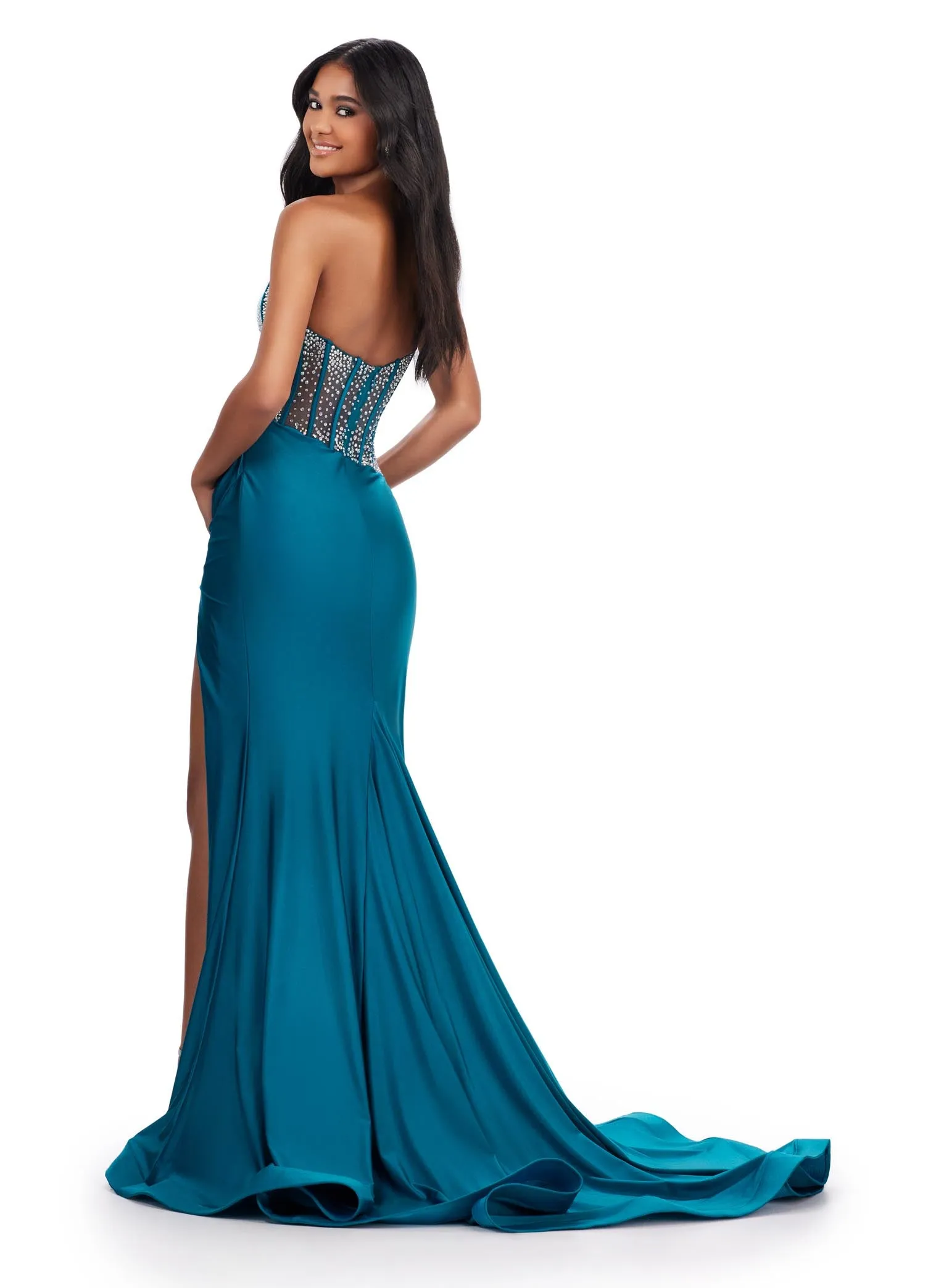 Ashley Lauren 11617 Long One Shoulder Sheer Crystal Corset Prom Dress Pageant Maxi Slit Gown