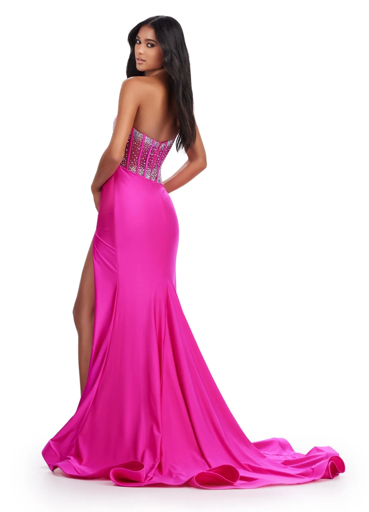 Ashley Lauren 11617 Long One Shoulder Sheer Crystal Corset Prom Dress Pageant Maxi Slit Gown