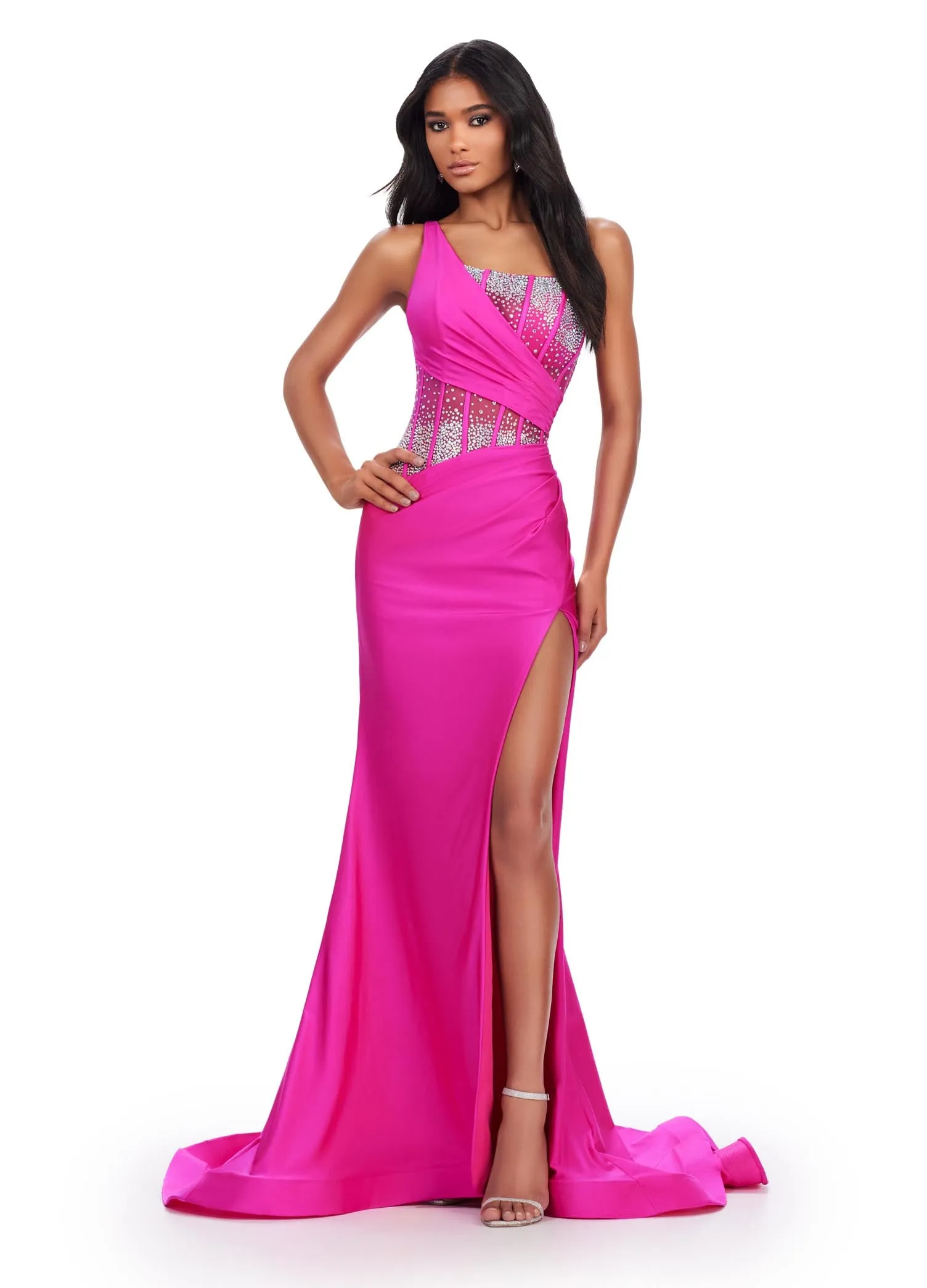 Ashley Lauren 11617 Long One Shoulder Sheer Crystal Corset Prom Dress Pageant Maxi Slit Gown