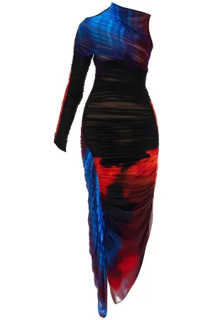 asymmetrical pleated floral dress in blue and red slim fit long sleeve