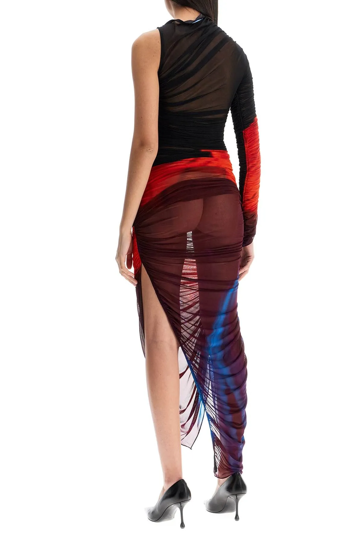 asymmetrical pleated floral dress in blue and red slim fit long sleeve