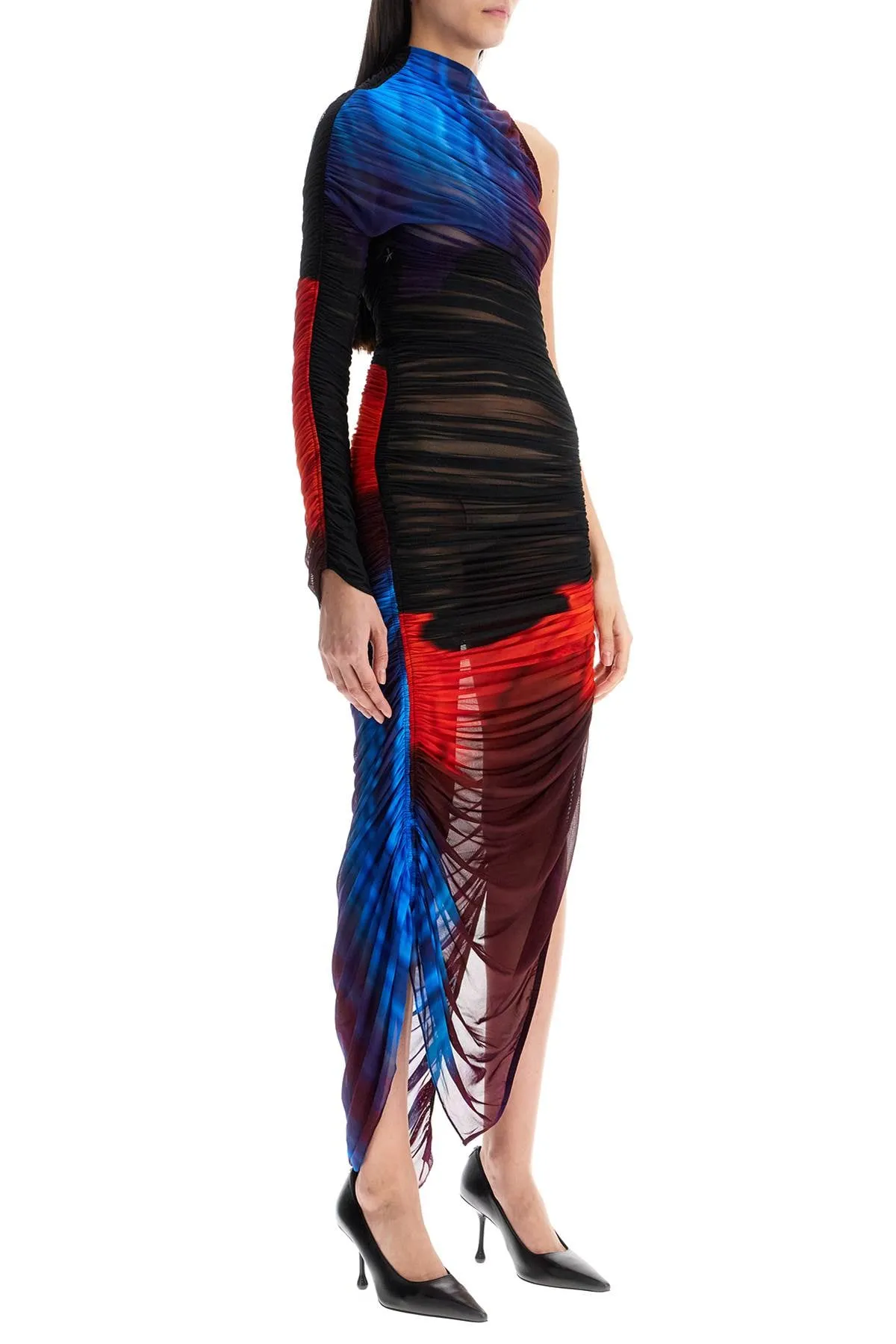 asymmetrical pleated floral dress in blue and red slim fit long sleeve