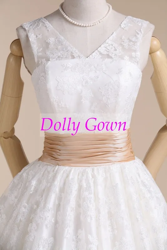 Audery Hepburn 50s Style V neck Tea Length Lace Wedding Dresses