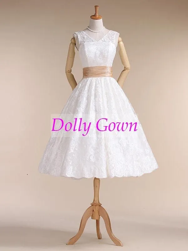 Audery Hepburn 50s Style V neck Tea Length Lace Wedding Dresses