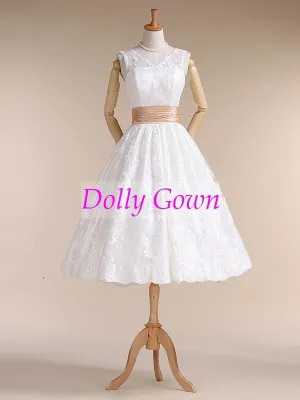 Audery Hepburn 50s Style V neck Tea Length Lace Wedding Dresses