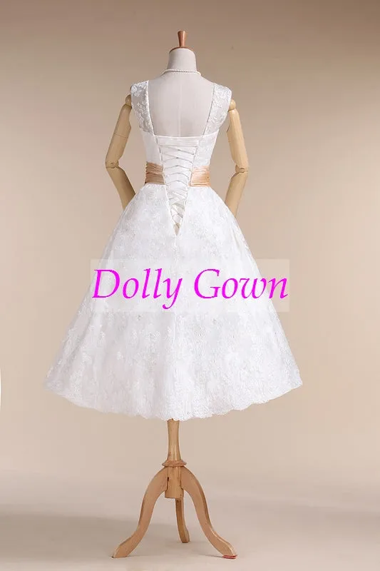 Audery Hepburn 50s Style V neck Tea Length Lace Wedding Dresses
