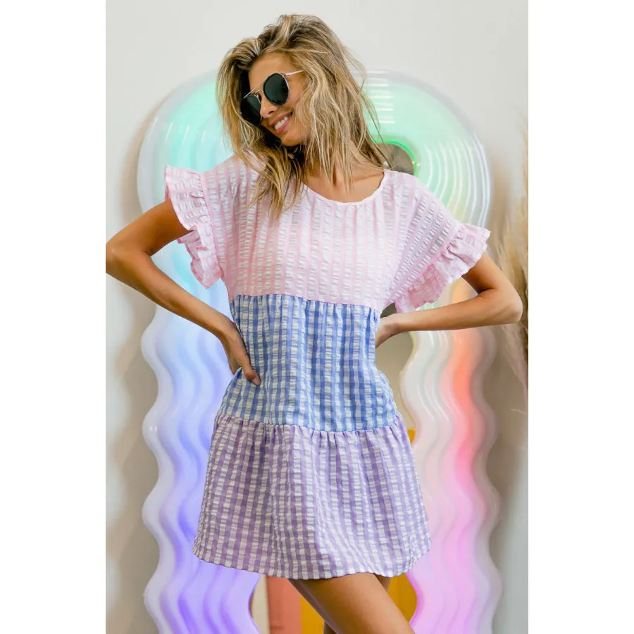 BiBi Plaid Color Block Tiered Top
