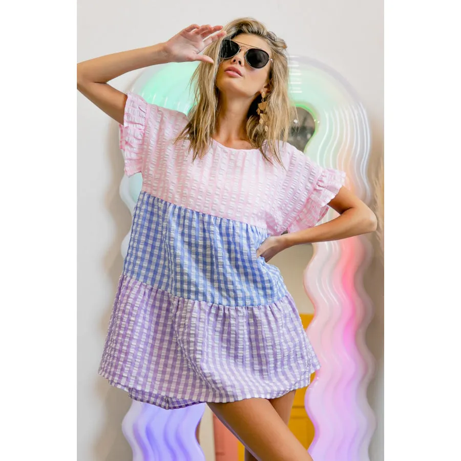 BiBi Plaid Color Block Tiered Top