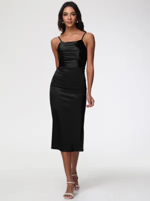 Black Bridesmaid Dresses Tea Length Tea-Length Spaghetti Straps Square Neckline Sleeveless Stretch Satin Bridesmaid Dresses